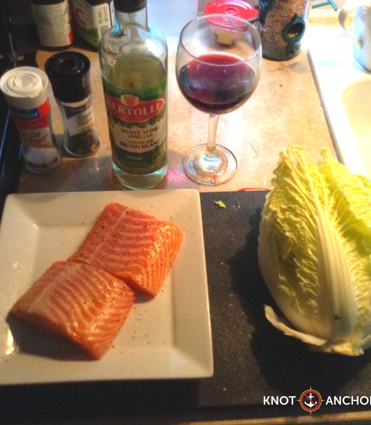 Salmon, napa cabbage, white wine vinegar, salt and pepper and wine for your efforts!